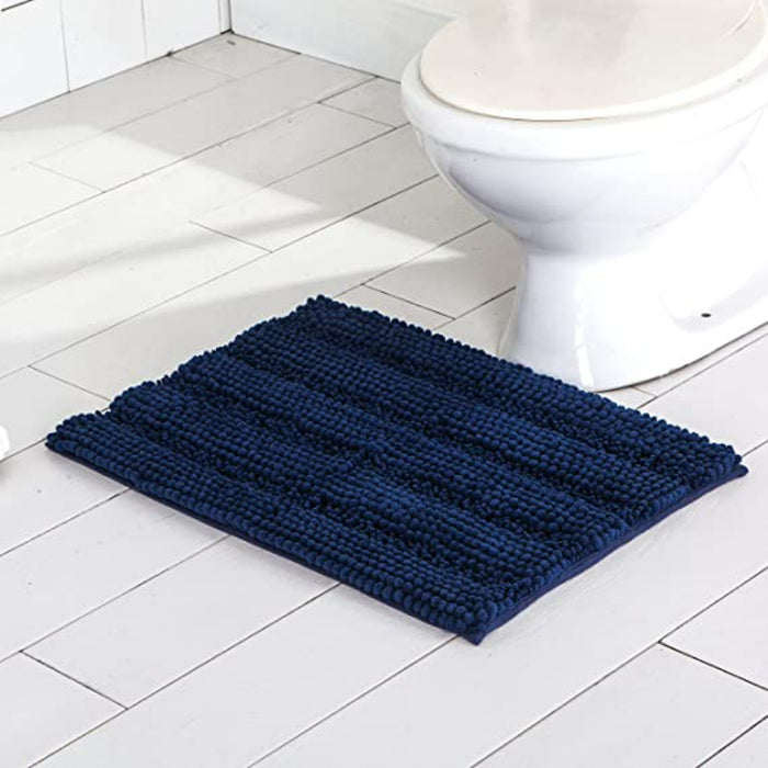 Blue Stripe Chenille Microfiber Bath Mat Rug- Ultra Soft Thick Absorbent Non Slip Shaggy Plush Floor Rugs for Bathroom, Machine Washable - Grafton Collection
