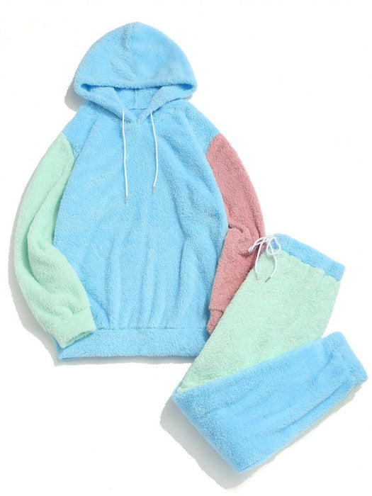Panel Fluffy Hoodie And Pants Two Piece Set