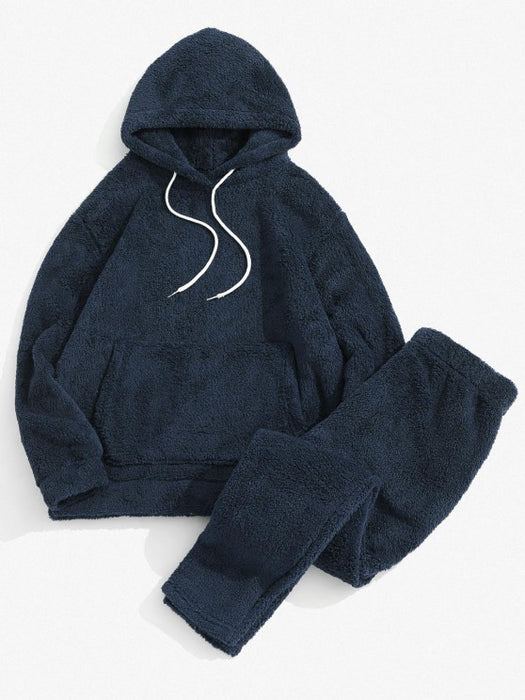 Solid pouch cheap pocket fluffy hoodie