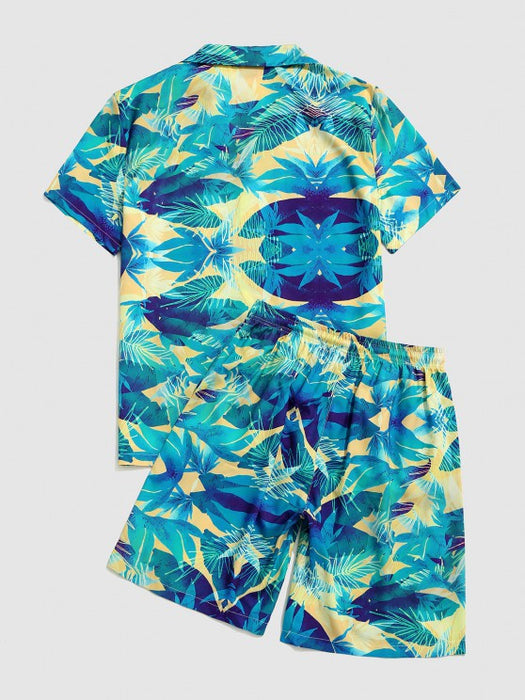 Tropical Leaves Print Shirt And Length Shorts