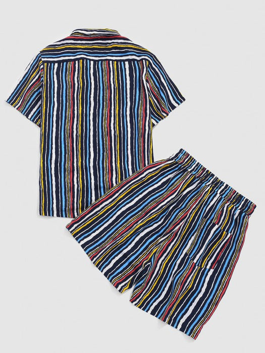 Striped Print Pocket Shirt And Shorts Set