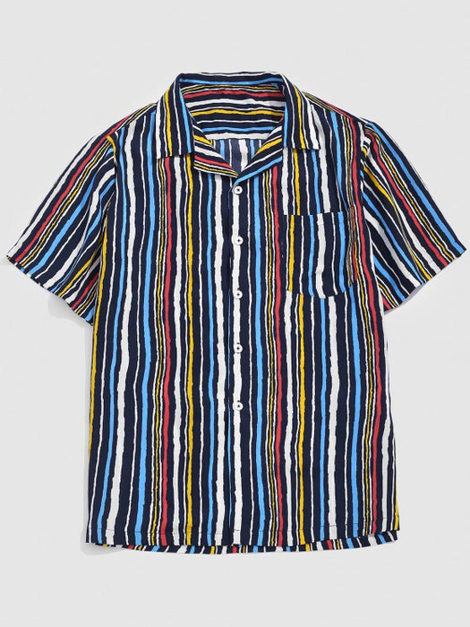 Striped Print Pocket Shirt And Shorts Set
