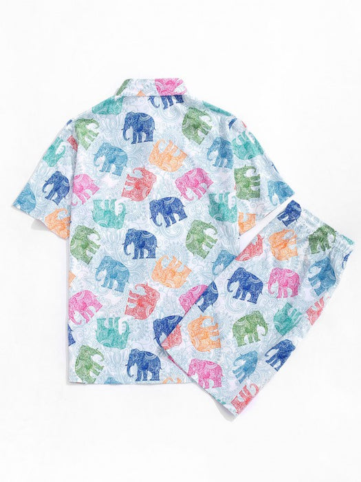 Bohemian Elephant Print Shirt And Shorts Set