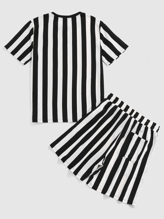 Contrast Striped Print T Shirt And Shorts - Grafton Collection