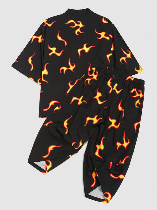 Flame Print Shirt And Cropped Pants Set
