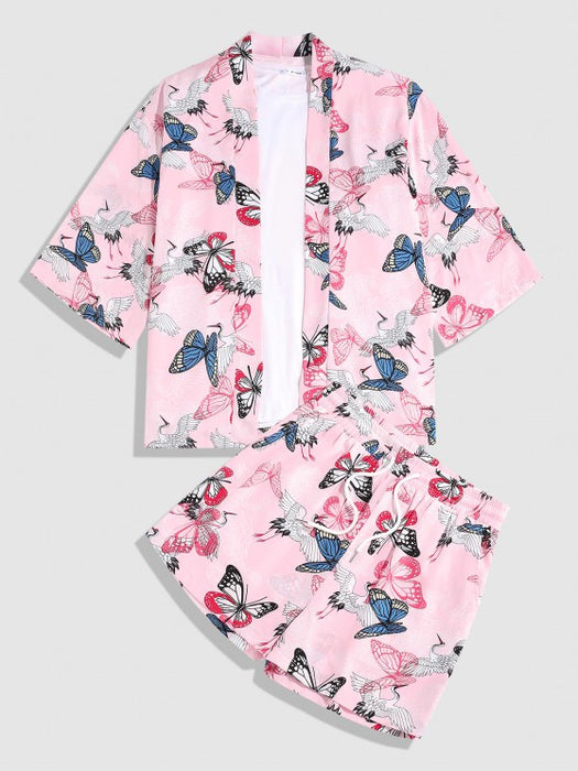Flying Crane Butterfly Print Shirt And Shorts Set