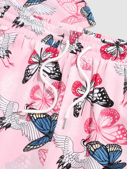 Flying Crane Butterfly Print Shirt And Shorts Set - Grafton Collection