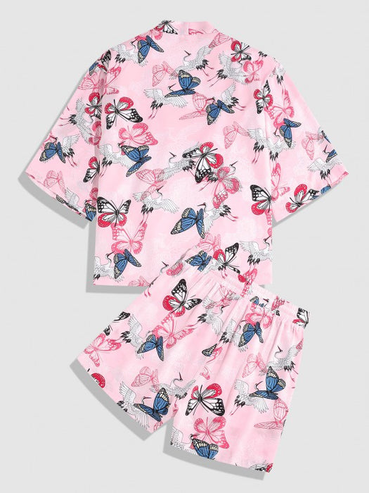 Flying Crane Butterfly Print Shirt And Shorts Set - Grafton Collection