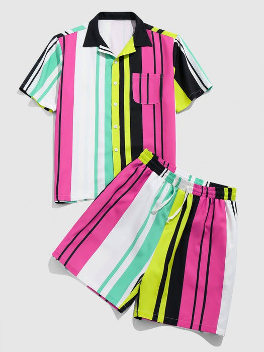 Striped Printed Pocket Shirt And Shorts Set