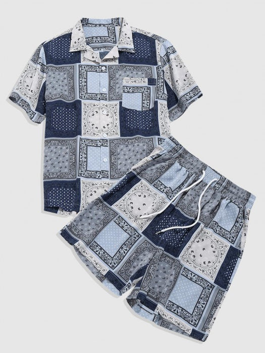 Scarf Patchwork Shirt And Shorts Set