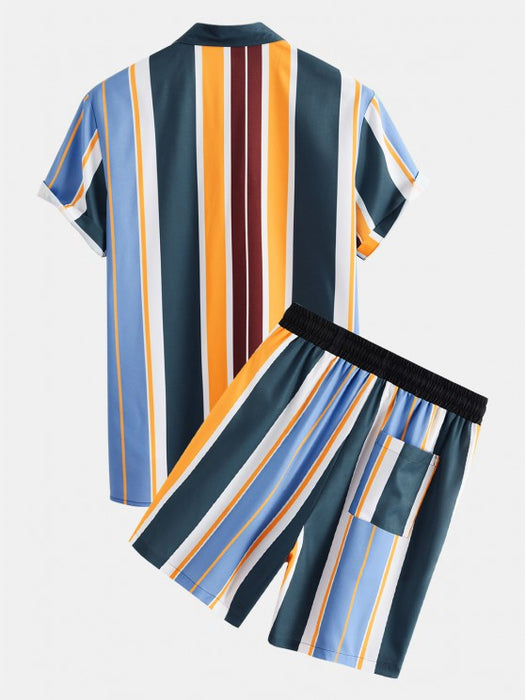 Stripe Print Shirt And Shorts Two Piece Set