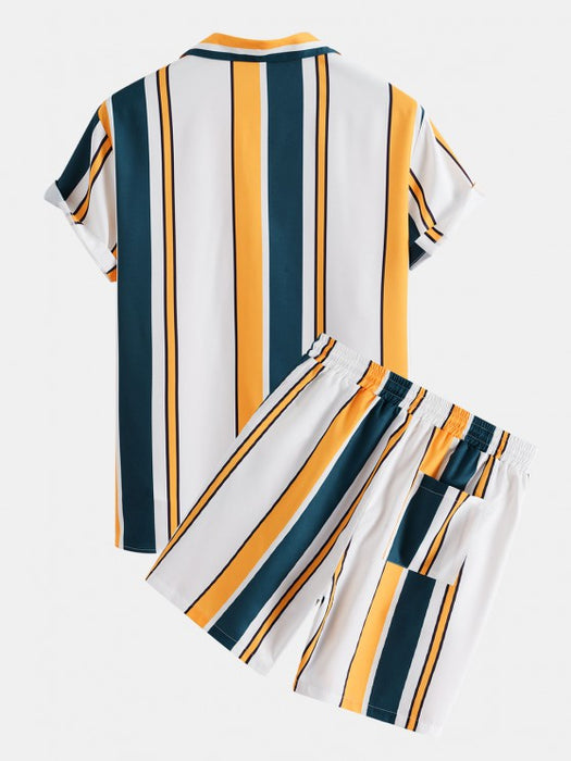 Contrast Stripe Print Shirt And Shorts Set