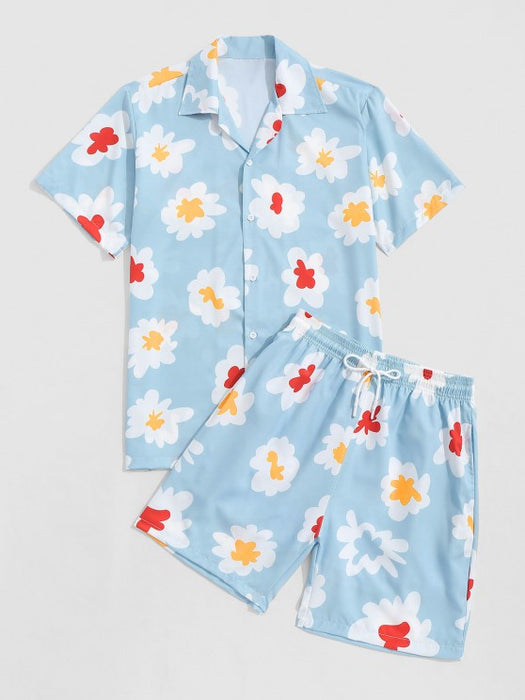 Flower Shirt And Drawstring Shorts Set