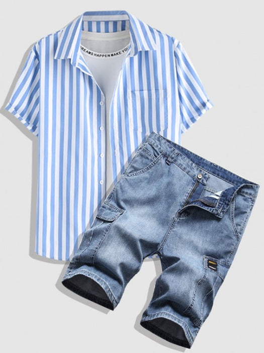 Striped Pattern Shirt And Denim Shorts Set
