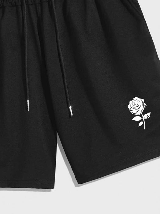 Drawstring Shorts And Rose Print T Shirt Set