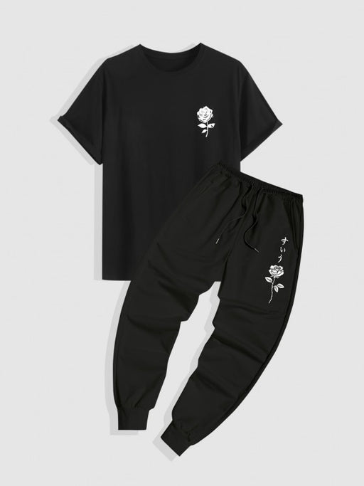 Rose Printed T-Shirt And Drawstring Sweatpants - Grafton Collection