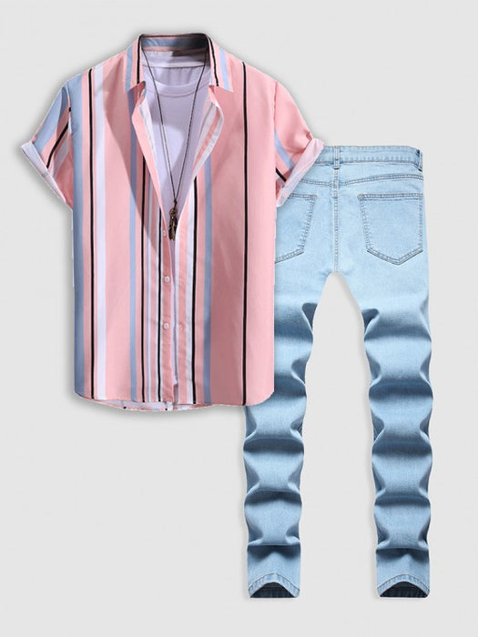 Striped Shirt And Ripped Jeans Set