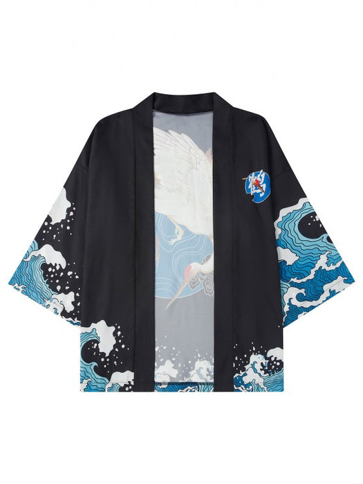 Sea Wave Printed Kimono And Shorts Set