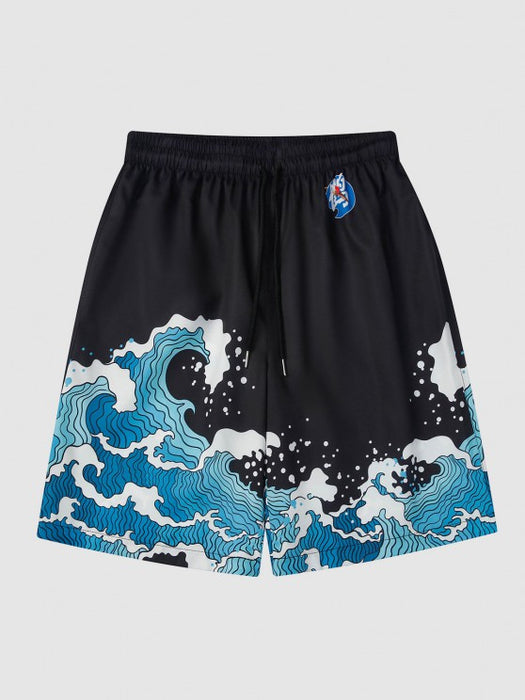Sea Wave Printed Kimono And Shorts Set