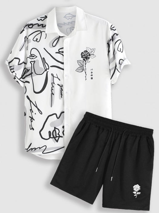 Print Shirt And Drawstring Casual Shorts