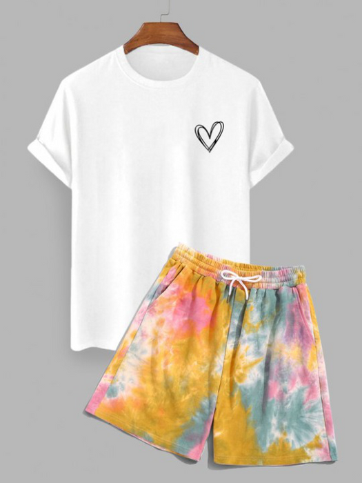 Pattern Tee And Tie Dye Shorts Set