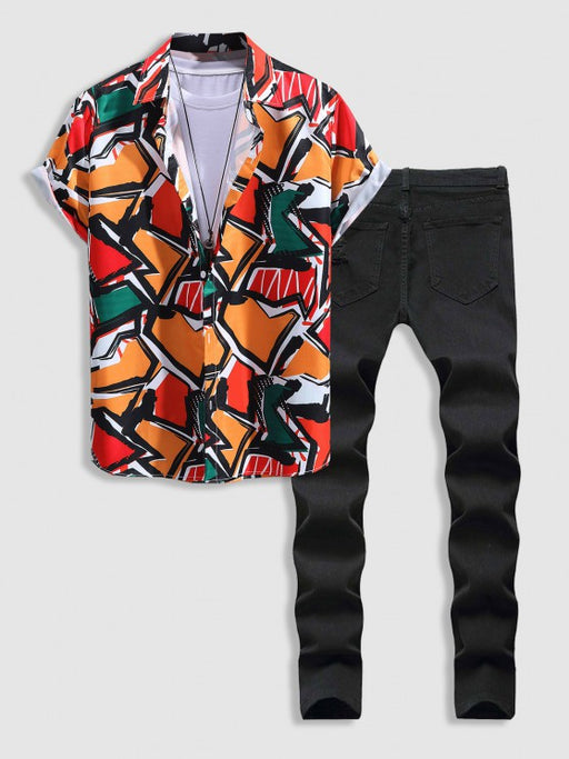 2 Pieces Abstract Print Shirt And Ripped Jeans - Grafton Collection
