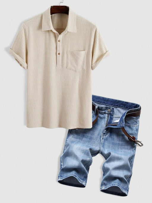Collared Pullover Shirt And Denim Shorts - Grafton Collection