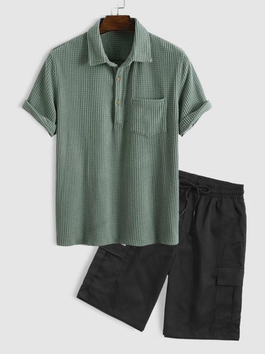 Texture Collared Shirt And Cargo Shorts