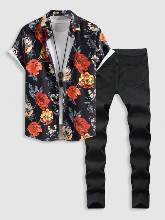 Floral Printed Shirt And Ripped Jeans - Grafton Collection