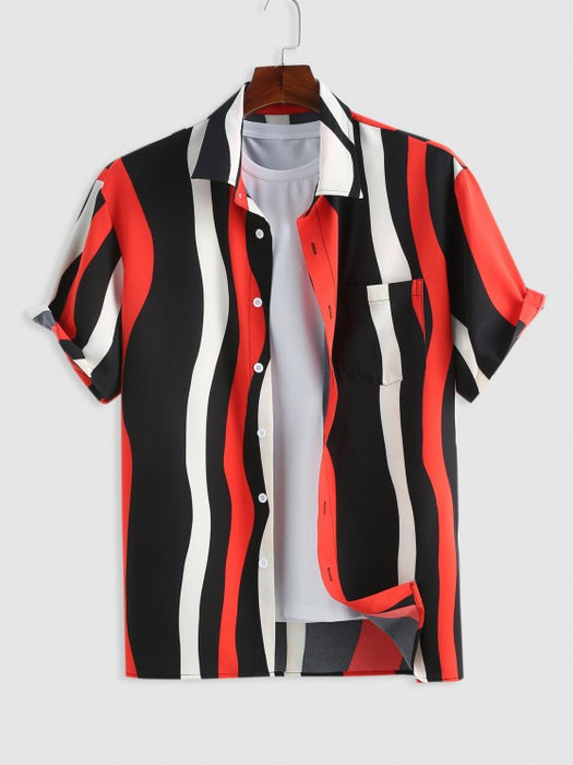 Striped Front Pocket Design Shirt And Drawstring Shorts Set
