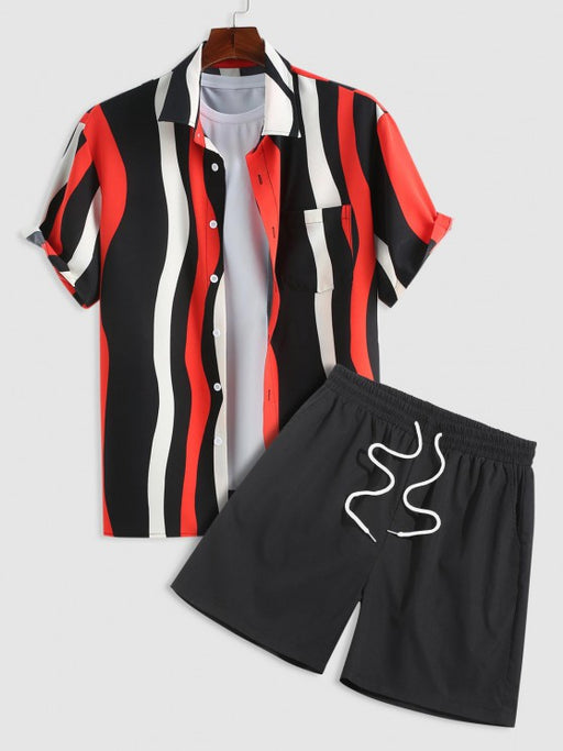 Striped Front Pocket Design Shirt And Drawstring Shorts Set - Grafton Collection