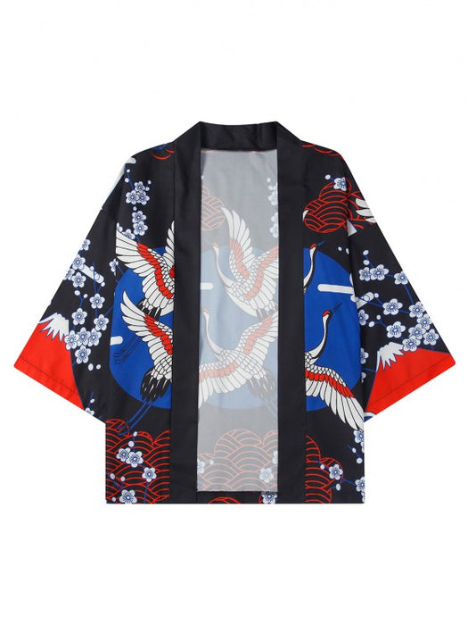 Floral Crane Printed Kimono And Shorts