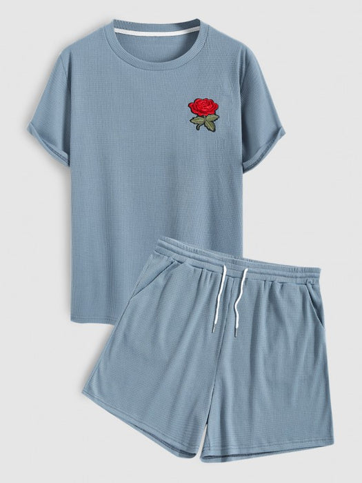 Textured Rose Printed T Shirt And Shorts