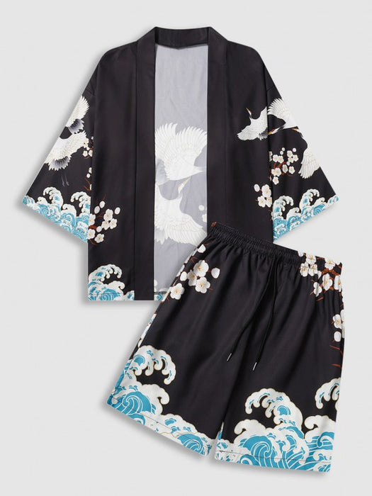 Sea Waves And Flower Print Kimono With Shorts Set - Grafton Collection