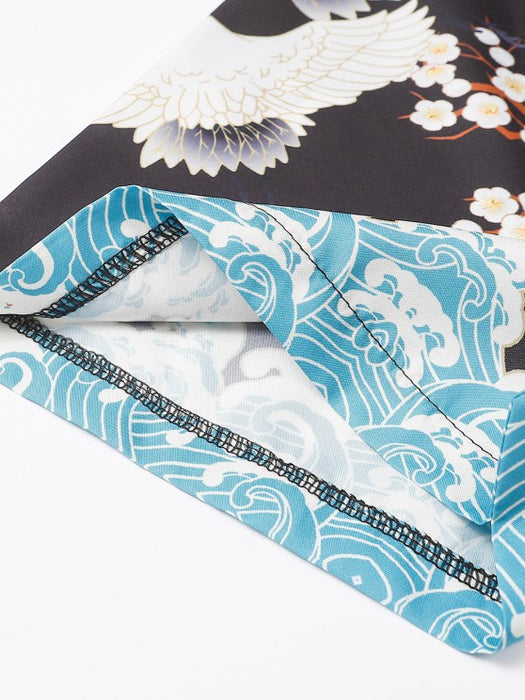 Sea Waves And Flower Print Kimono With Shorts Set