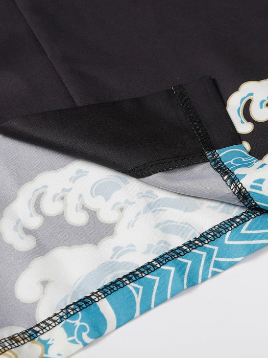 Sea Waves And Flower Print Kimono With Shorts Set