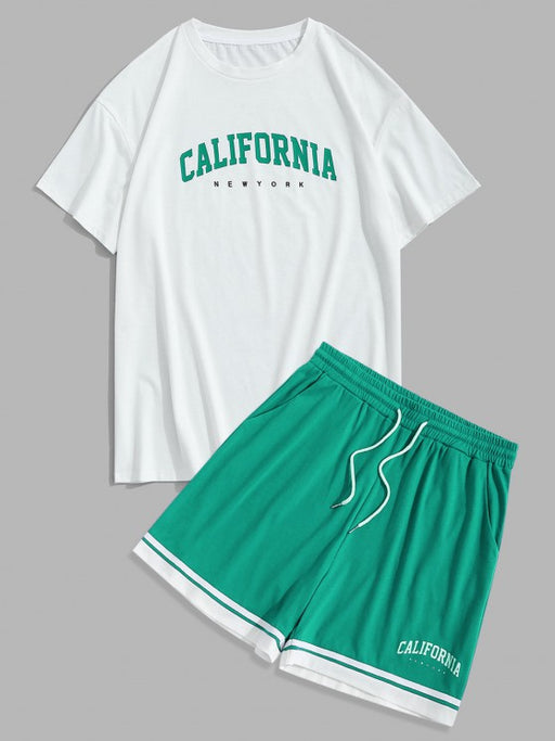 Sports Printed Tee And Drawstring Shorts Set - Grafton Collection