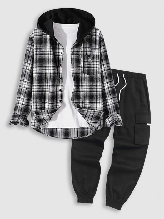 Plaid Hooded Shirt And Cargo Pants Set
