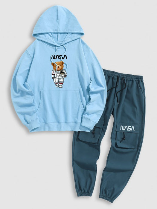 Letter And Bear Pattern Hoodie With Cargo Pants Set