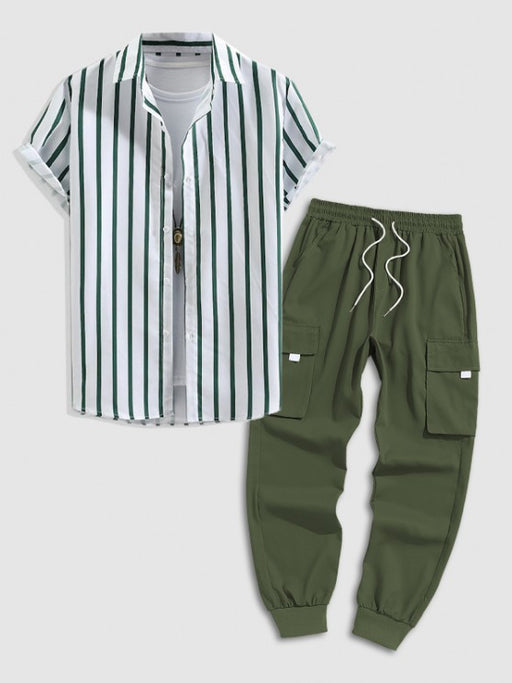 Button Up Striped Shirt And Flap Pocket Cargo Pants Set - Grafton Collection