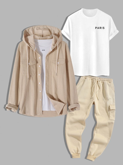 Corduroy Shirt And Letter Printed T Shirt And Embroidered Pants Set - Grafton Collection