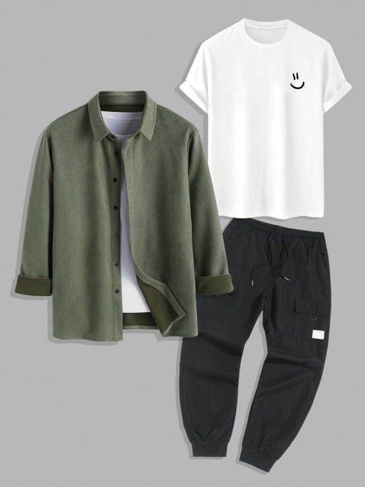 Suede Shirt And Printed Basic T-shirt And Beam Feet Pants - Grafton Collection