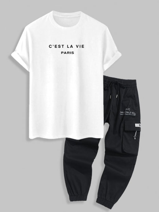 Letter Printed T Shirt And Cargo Pants Set - Grafton Collection