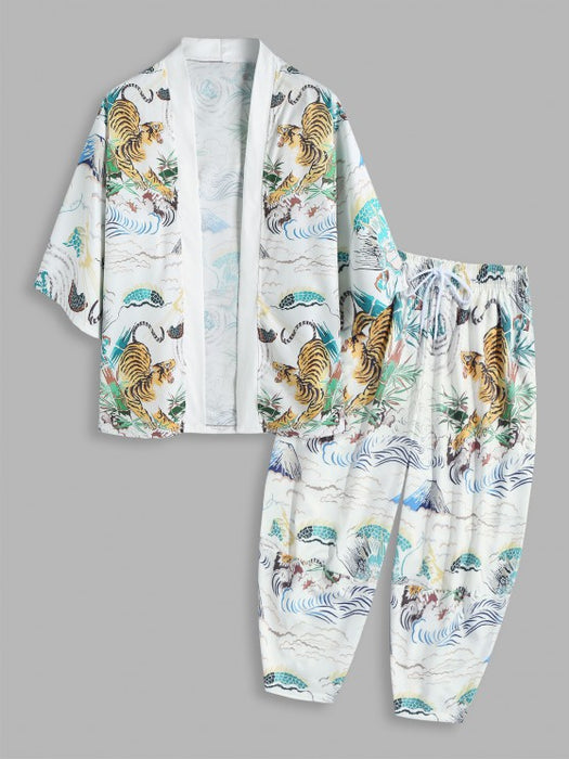 Tiger Painting Printed Kimono And Capri Pants Set