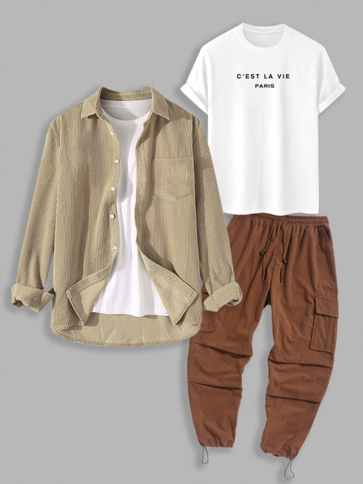 Letter Printed T Shirt And Corduroy Shirt And Wide Leg Pants Set