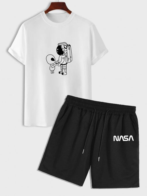Astronaut Pattern T Shirt And Letter Shorts Set - Grafton Collection