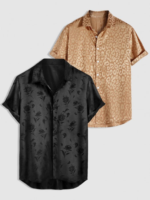 Silky Leopard Print Satin Short Sleeve Shirt