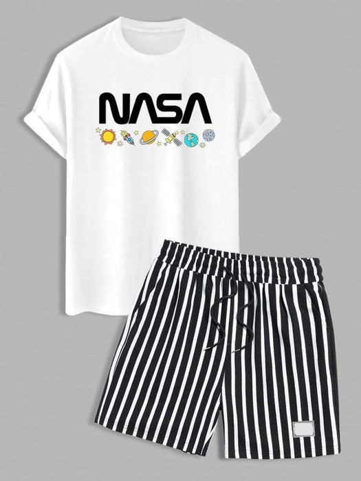 Pattern T-shirt And Two Tone Shorts Set