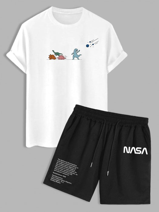 Cartoon Pattern T Shirt And Letter Printed Shorts Set - Grafton Collection