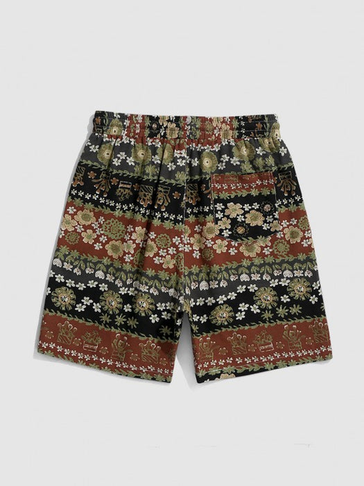 Floral Shirt And Drawstring Pockets Shorts Set
